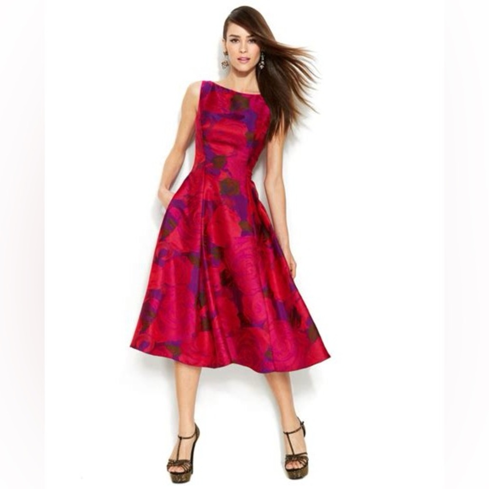 Adrianna Papell Sz 8 Jacquard Floral Dress Midi, Pockets, Red Pink Purple NWT